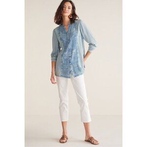 Soft Surroundings Womens Blue Button Embroidered Shirt Sz PM  - Boho - Comfort